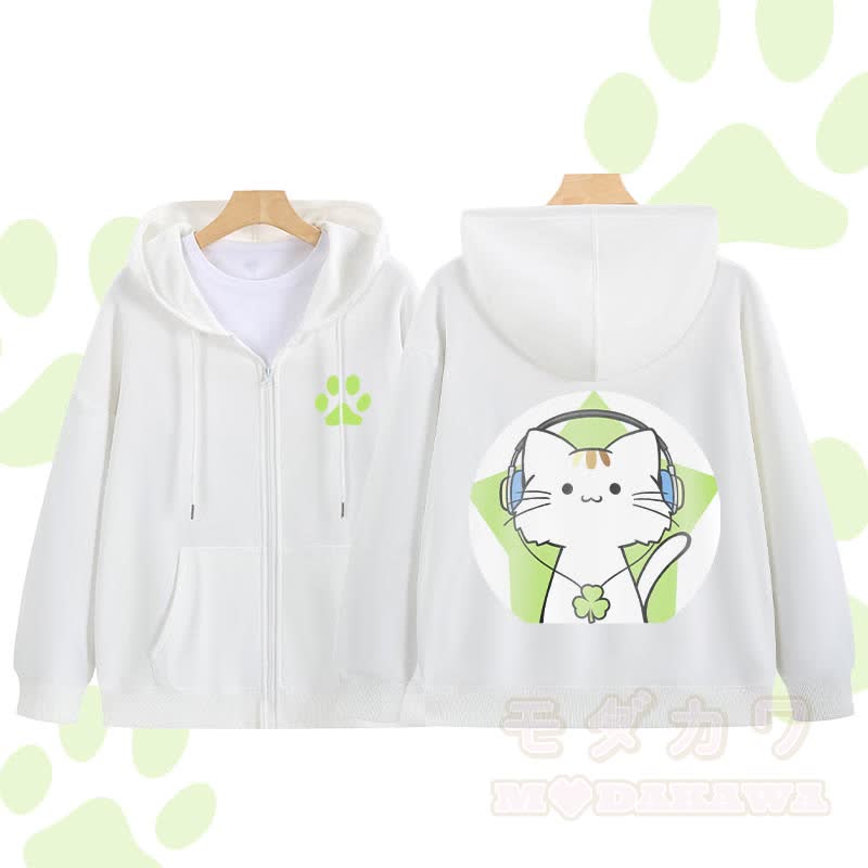 MODAKAWA Triple Clover Musikkatze Grafik Kapuzenpullover mit Reißverschluss - Weiß - 5XL - image 4