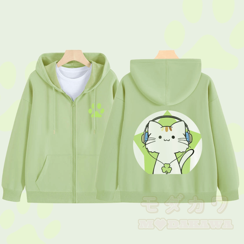 MODAKAWA Triple Clover Musikkatze Grafik Kapuzenpullover mit Reißverschluss - Grün - 5XL - image 2