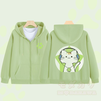 MODAKAWA Triple Clover Musikkatze Grafik Kapuzenpullover mit Reißverschluss - Grün - 5XL - image 2