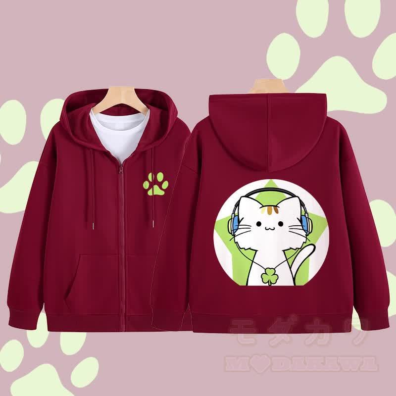 MODAKAWA Triple Clover Musikkatze Grafik Kapuzenpullover mit Reißverschluss - Weinrot - 5XL - image 3