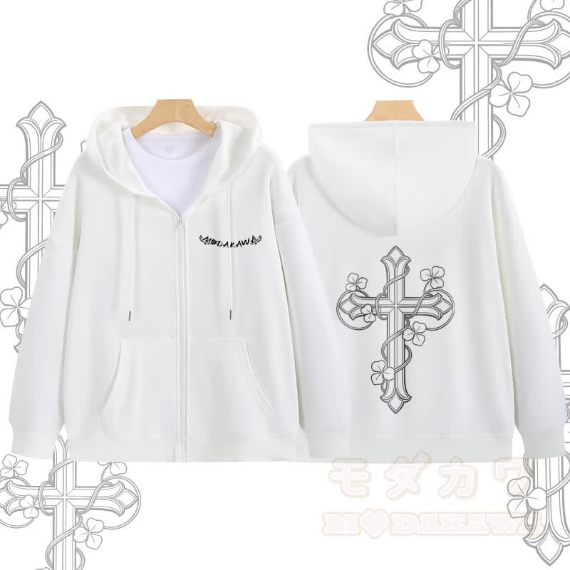 MODAKAWA Kapuzenpullover mit Reißverschluss und floralem Kreuzmuster - Weiß - 5XL - image 4