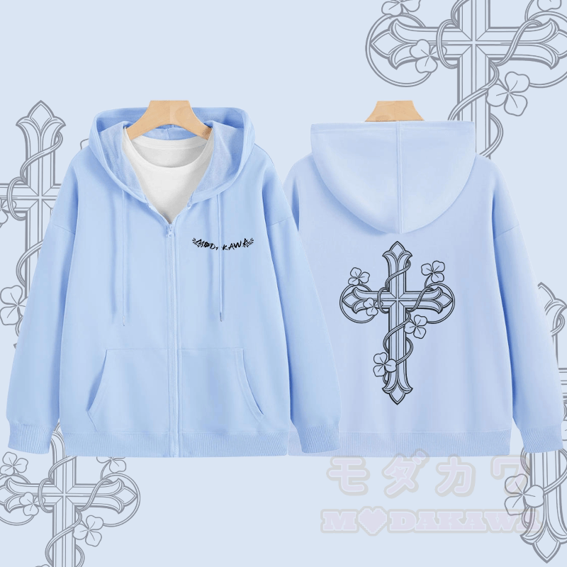 MODAKAWA Kapuzenpullover mit Reißverschluss und floralem Kreuzmuster - Blau - 5XL - image 2