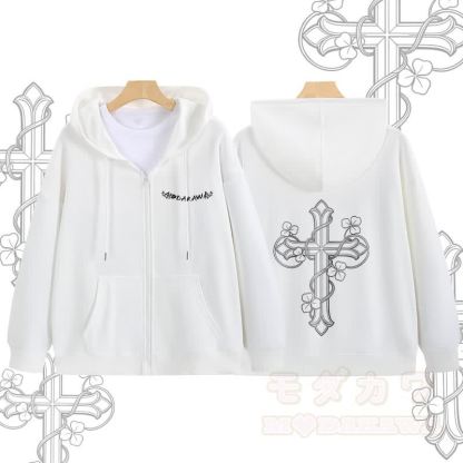 MODAKAWA Kapuzenpullover mit Reißverschluss und floralem Kreuzmuster - Weiß - 5XL - image 4