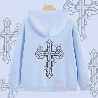MODAKAWA Kapuzenpullover mit Reißverschluss und floralem Kreuzmuster - image 1