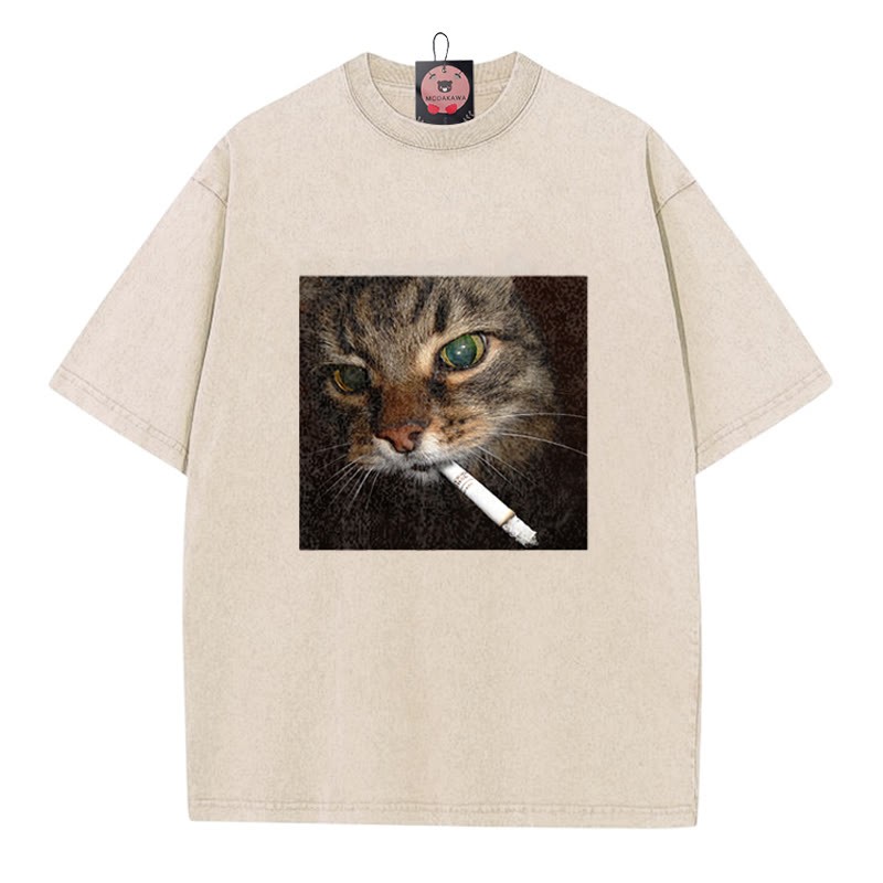 Unisex-T-Shirt mit Raucherkatzen-Motiv im Vintage-Stil - Apricot - 5XL - image 3