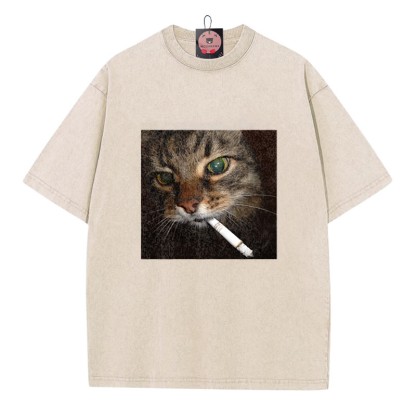 Unisex-T-Shirt mit Raucherkatzen-Motiv im Vintage-Stil - Apricot - 5XL - image 3