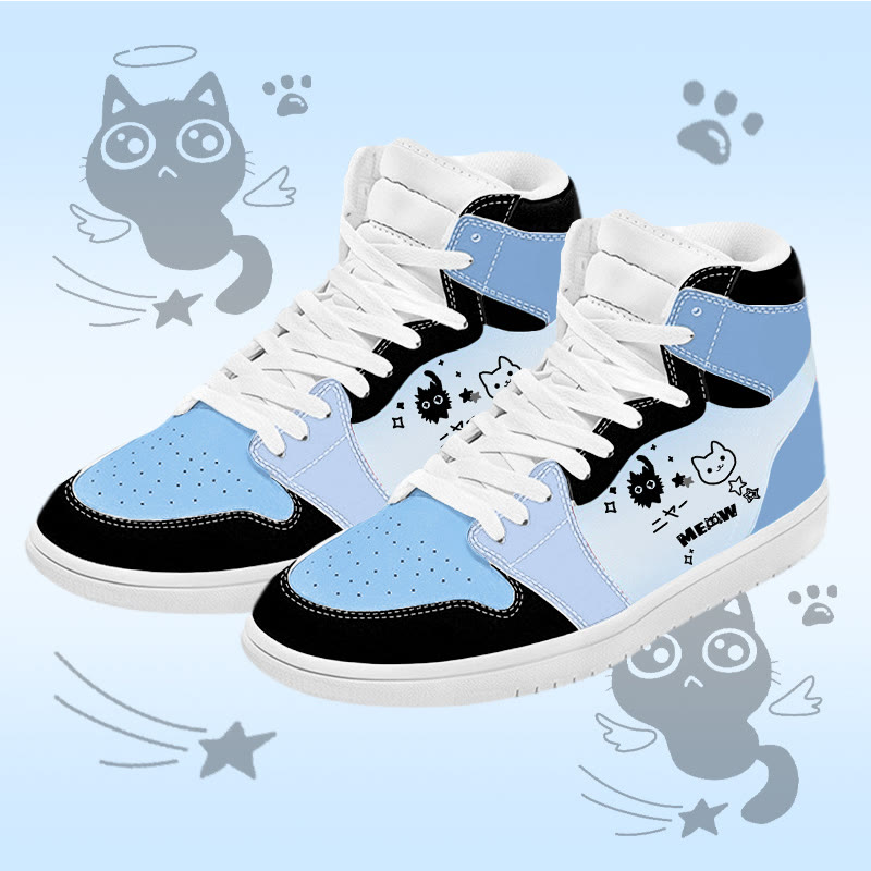 MODAKAWA Cat Graphic Farben Block High Top Canvas Schuhe - Blue A - 48 - image 1