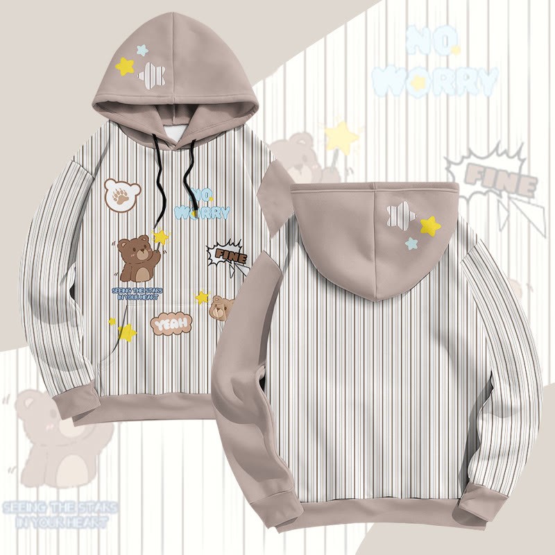 MODAKAWA Pullover-Hoodie mit Streifen-Bären-Grafik und Allover-Print - image 1