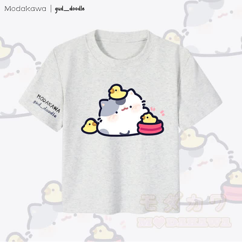 MODAKAWA x gud_doodle Kitty Chick Grafik Damen Cropped T-Shirt 92% gekämmte Baumwolle - Grau - XL - image 3