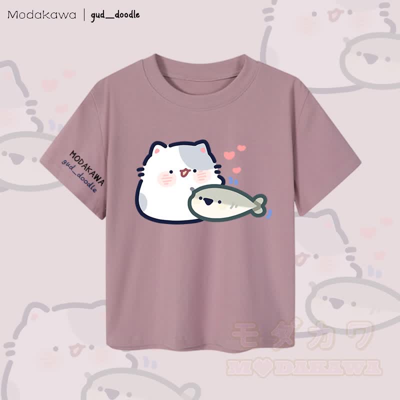 MODAKAWA x gud_doodle Damen-Crop-Top mit Katzen- und Fischmotiv, 92 % gekämmte Baumwolle - Lila - XL - image 3