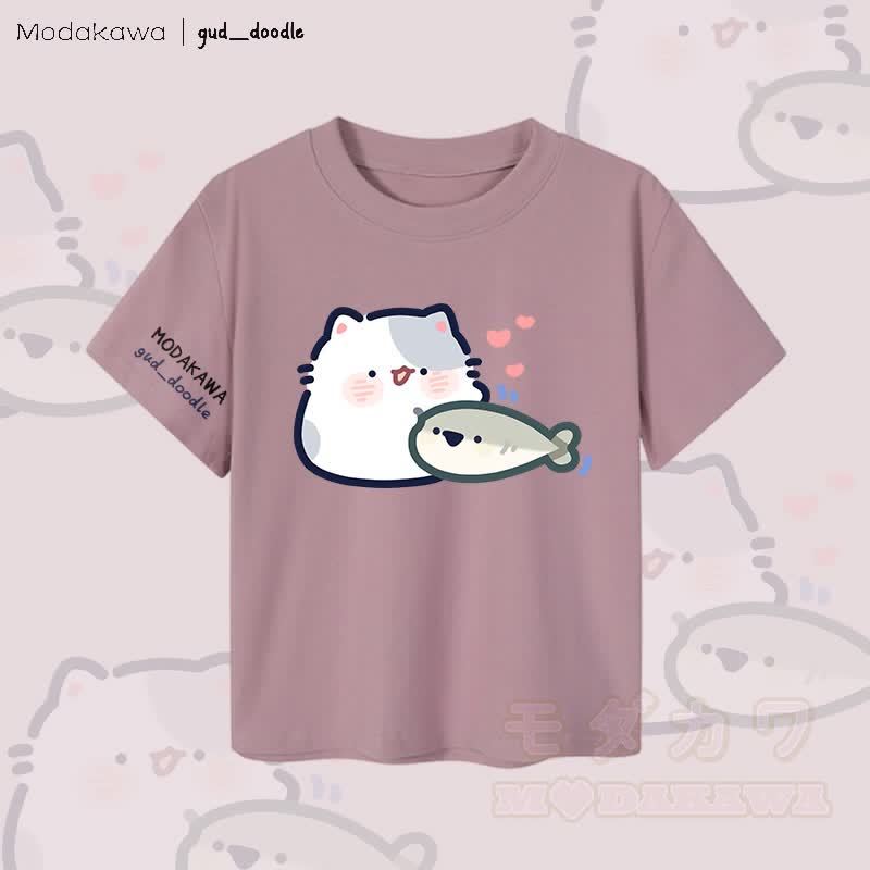 MODAKAWA x gud_doodle Damen-Crop-Top mit Katzen- und Fischmotiv, 92 % gekämmte Baumwolle - Lila - XL - image 3