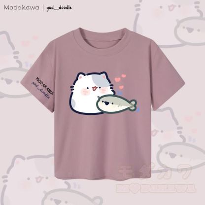 MODAKAWA x gud_doodle Damen-Crop-Top mit Katzen- und Fischmotiv, 92 % gekämmte Baumwolle - Lila - XL - image 3