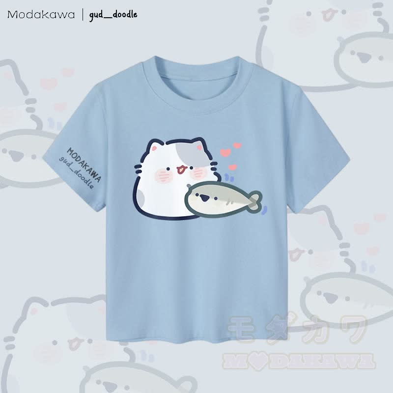 MODAKAWA x gud_doodle Damen-Crop-Top mit Katzen- und Fischmotiv, 92 % gekämmte Baumwolle - Blau - XL - image 2