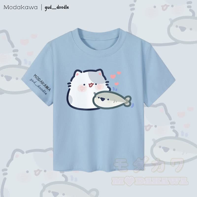 MODAKAWA x gud_doodle Damen-Crop-Top mit Katzen- und Fischmotiv, 92 % gekämmte Baumwolle - Blau - XL - image 2