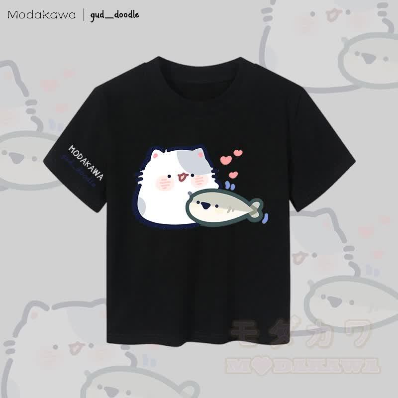 MODAKAWA x gud_doodle Damen-Crop-Top mit Katzen- und Fischmotiv, 92 % gekämmte Baumwolle - Schwarz - XL - image 5