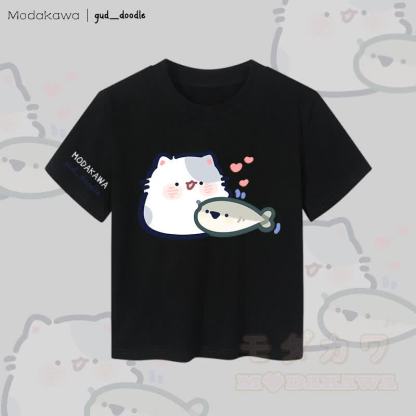 MODAKAWA x gud_doodle Damen-Crop-Top mit Katzen- und Fischmotiv, 92 % gekämmte Baumwolle - Schwarz - XL - image 5
