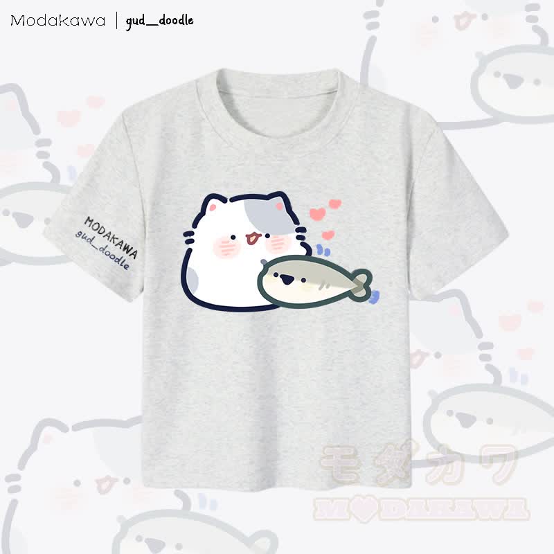 MODAKAWA x gud_doodle Damen-Crop-Top mit Katzen- und Fischmotiv, 92 % gekämmte Baumwolle - Grau - XL - image 1