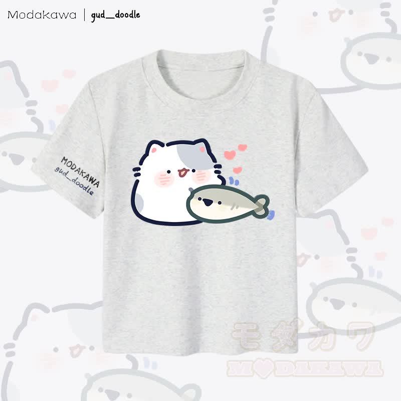 MODAKAWA x gud_doodle Damen-Crop-Top mit Katzen- und Fischmotiv, 92 % gekämmte Baumwolle - Grau - XL - image 1