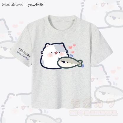 MODAKAWA x gud_doodle Damen-Crop-Top mit Katzen- und Fischmotiv, 92 % gekämmte Baumwolle - Grau - XL - image 1