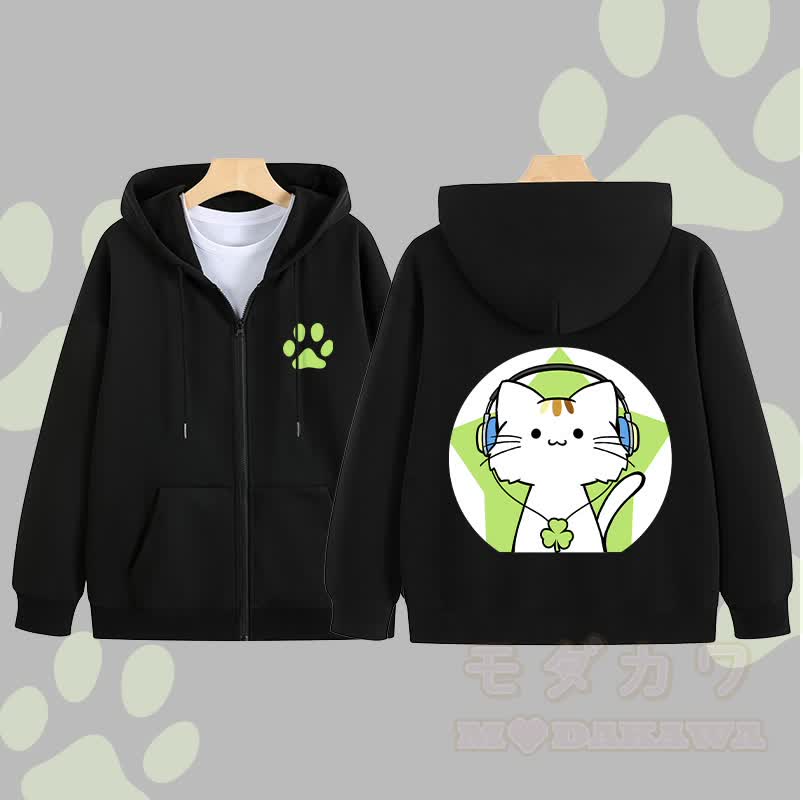 MODAKAWA Triple Clover Musikkatze Grafik Kapuzenpullover mit Reißverschluss - Schwarz - 5XL - image 5