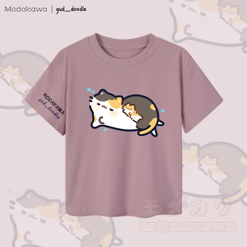 MODAKAWA x gud_doodle Damen-Crop-Top mit schlafender Katze (92 % gekämmte Baumwolle) - Lila - XL - image 2
