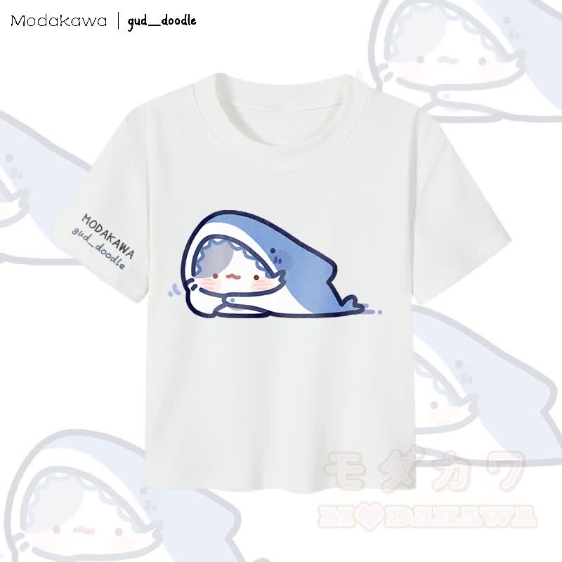 MODAKAWA x gud_doodle Kitty Shark Grafik Damen Cropped T-Shirt 92% gekämmte Baumwolle - Weiß - XL - image 2