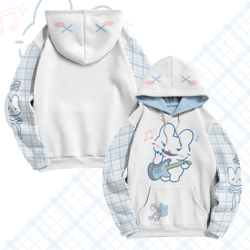 MODAKAWA Pullover-Hoodie mit Gitarrenhasen-Grafik-Allover-Print - White&Blue - 8XL - image 1
