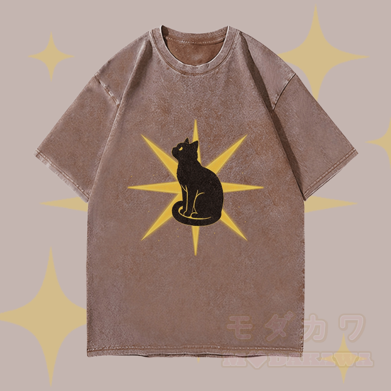MODAKAWA Starlight Black Cat Graphic Unisex Vintage Washed T-Shirt - Braun - 4XL - image 2