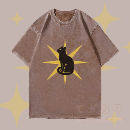 MODAKAWA Starlight Black Cat Graphic Unisex Vintage Washed T-Shirt - Braun - 4XL - image 2