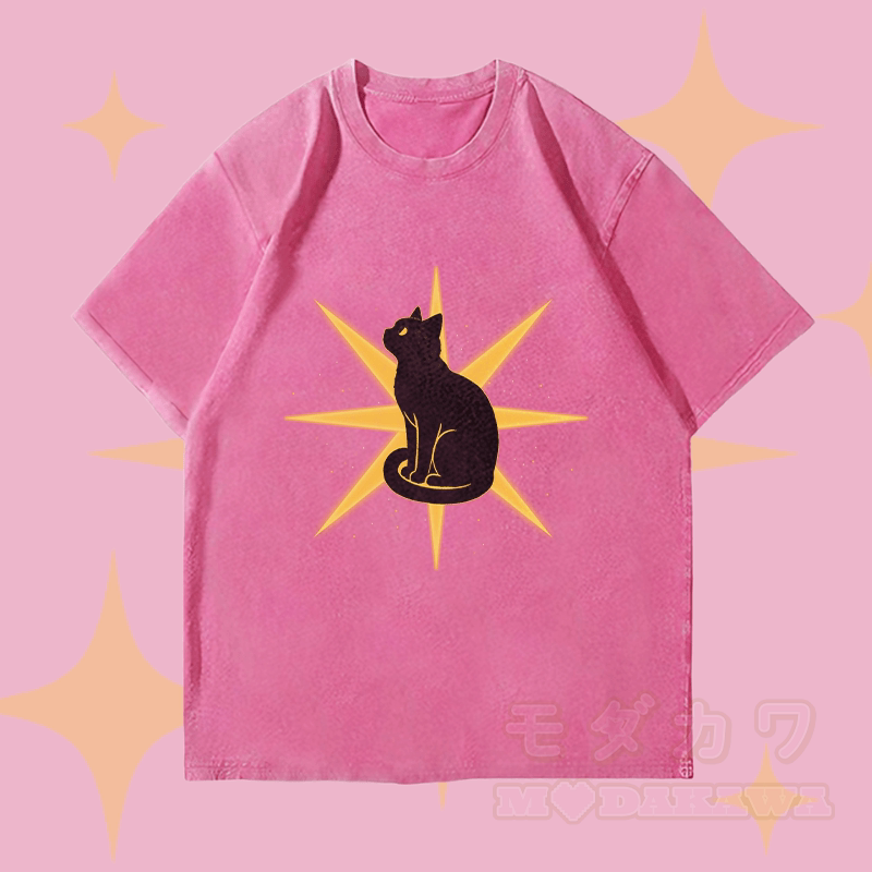MODAKAWA Starlight Black Cat Graphic Unisex Vintage Washed T-Shirt - Rosenrot - 4XL - image 1