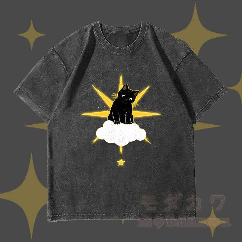 MODAKAWA Sternenwolke Schwarze Katze Grafik Unisex Vintage Washed T-Shirt - Schwarz - 4XL - image 3