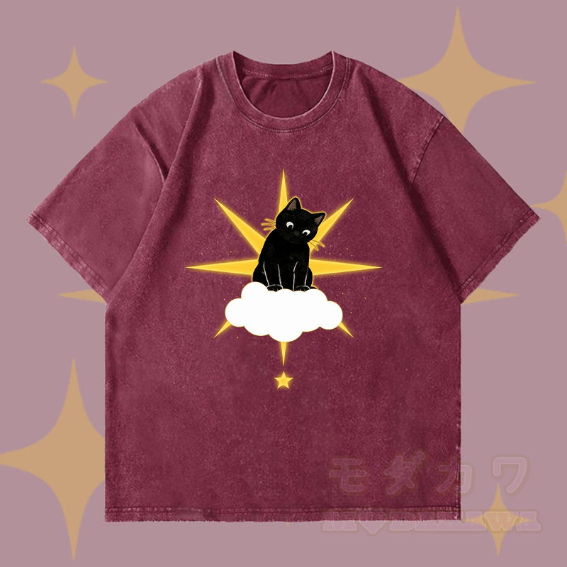 MODAKAWA Sternenwolke Schwarze Katze Grafik Unisex Vintage Washed T-Shirt - Weinrot - 4XL - image 2