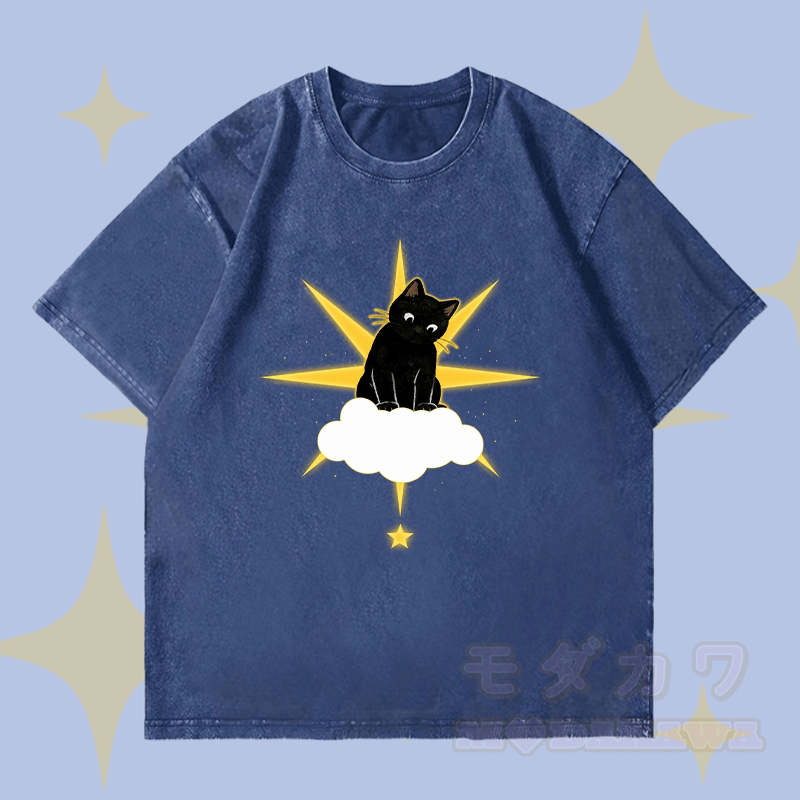MODAKAWA Sternenwolke Schwarze Katze Grafik Unisex Vintage Washed T-Shirt - Dunkelblau - 4XL - image 1