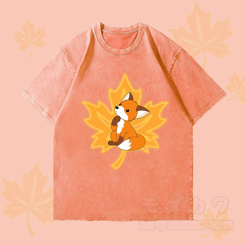 MODAKAWA Maple Fox Graphic Unisex Vintage Washed T-Shirt - Orange - 4XL - image 2