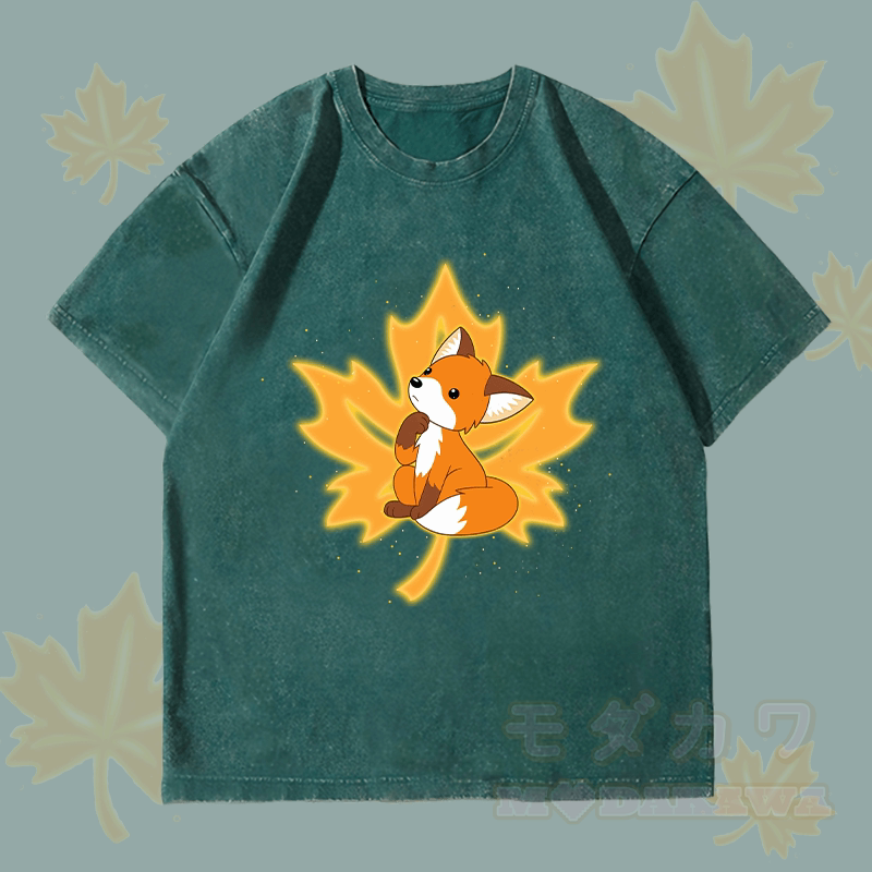 MODAKAWA Maple Fox Graphic Unisex Vintage Washed T-Shirt - Dunkelgrün - 4XL - image 1