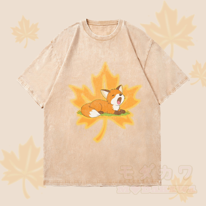 MODAKAWA Sleepy Maple Fox Grafik Unisex Vintage Washed T-Shirt - Aprikose - 4XL - image 2