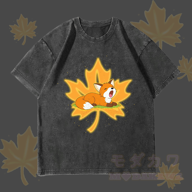 MODAKAWA Sleepy Maple Fox Grafik Unisex Vintage Washed T-Shirt - Schwarz - 4XL - image 1