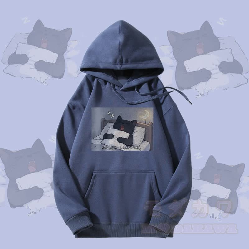 MODAKAWA Fleecegefütterter Hoodie mit Grafikprint „Schlafende schwarze Katze“ - Staubiges Blau - 5XL - image 2