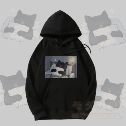 MODAKAWA Fleecegefütterter Hoodie mit Grafikprint „Schlafende schwarze Katze“ - Schwarz - 5XL - image 1