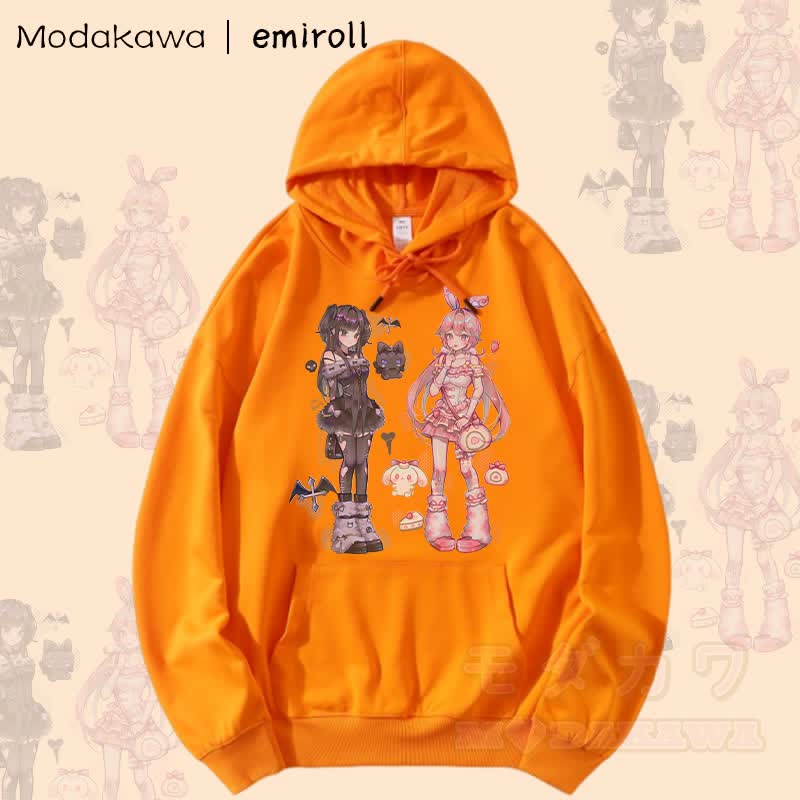 MODAKAWA X emiroll Ruru Rumi Grafik Streetwear Pullover Hoodie - Orange - 5XL - image 3