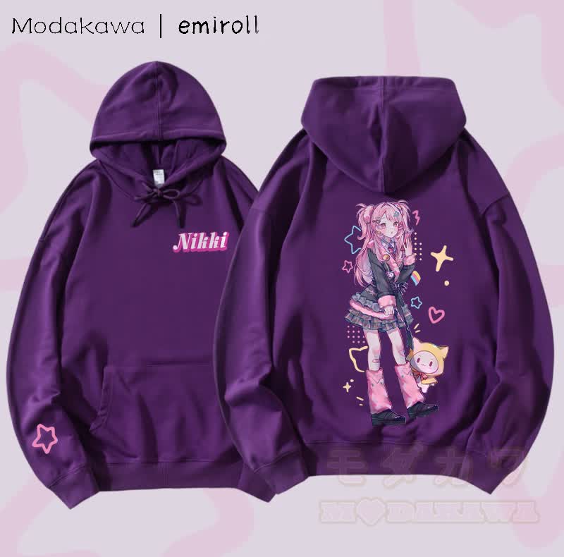 MODAKAWA X emiroll Nikki Graphic Streetwear Pullover Hoodie - Dunkelviolett - 5XL - image 1