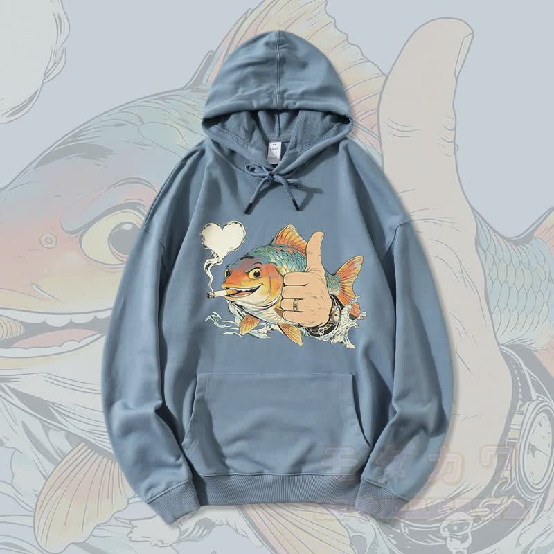 MODAKAWA Smoking Fish Grafik Streetwear Pullover Hoodie - Staubiges Blau - 5XL - image 1