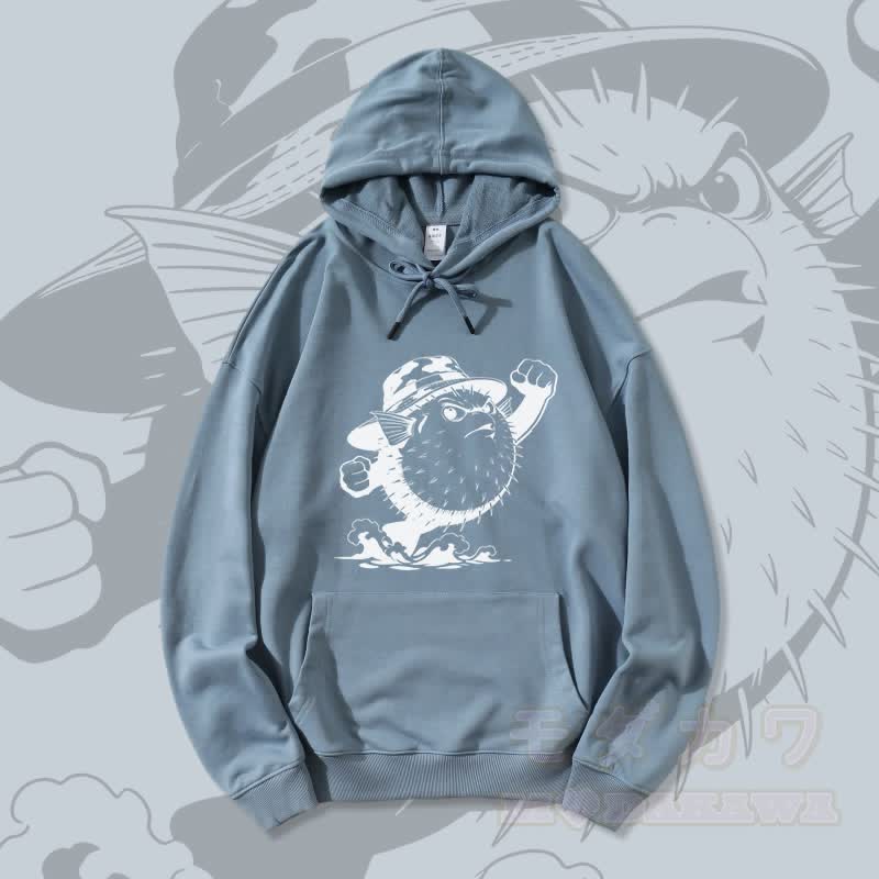 MODAKAWA Streetwear-Pullover-Hoodie mit wütendem Kugelfisch-Motiv - Staubiges Blau - 5XL - image 2