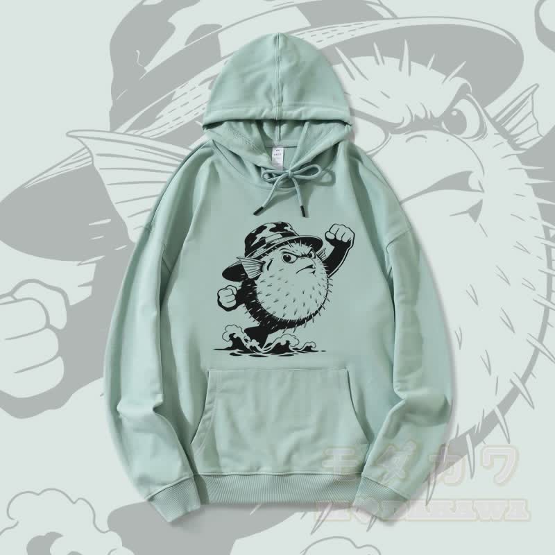MODAKAWA Streetwear-Pullover-Hoodie mit wütendem Kugelfisch-Motiv - Grün - 5XL - image 1