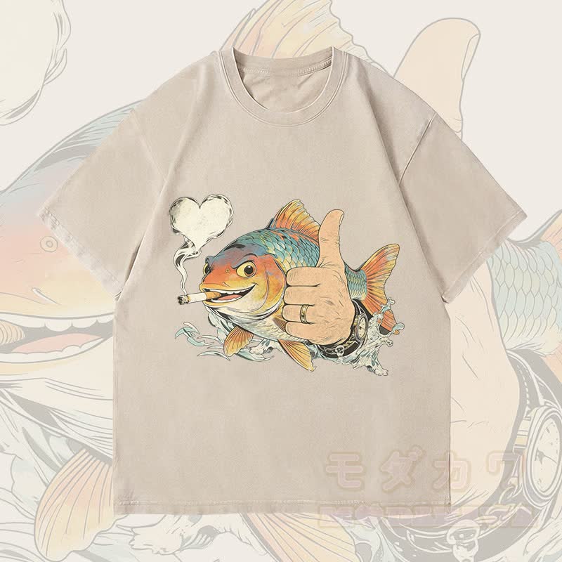 MODAKAWA Smoking Fish Grafik Unisex Vintage Washed T-Shirt - Beige - 4XL - image 2