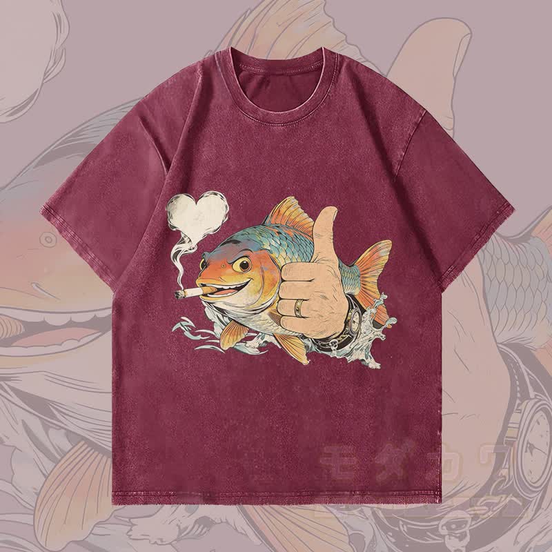MODAKAWA Smoking Fish Grafik Unisex Vintage Washed T-Shirt - Weinrot - 4XL - image 1