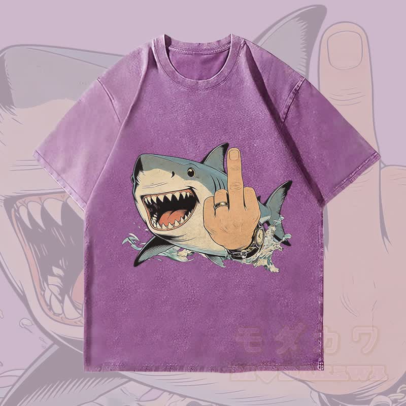 MODAKAWA Crazy Shark Grafik Unisex Vintage Washed T-Shirt - Lila - 4XL - image 2