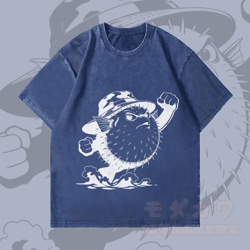 MODAKAWA Unisex-T-Shirt mit wütendem Kugelfisch-Motiv im Vintage-Stil - Dunkelblau - 4XL - image 2