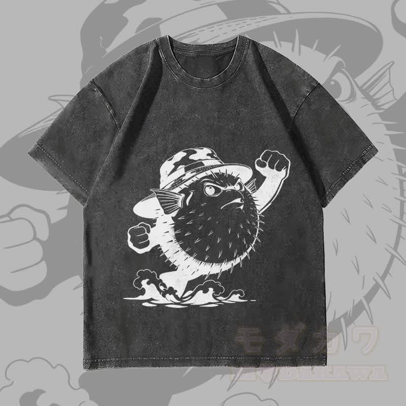 MODAKAWA Unisex-T-Shirt mit wütendem Kugelfisch-Motiv im Vintage-Stil - Schwarz - 4XL - image 1