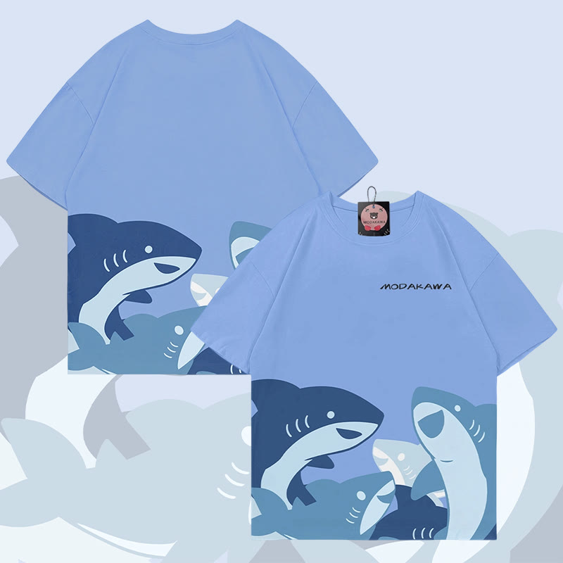 MODAKAWA Lustiges Hai-Grafik-Allover-Print-T-Shirt - Blue - 5XL - image 2